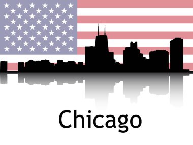 Şikago, Illinois 'in Ulusal Bayrağı Altında Siyah Siluet Panorama Yansıması