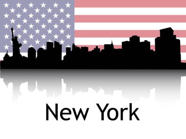 New York City, New York 'un Ulusal Bayrağı Altında Siyah Siluet Panorama Yansıması