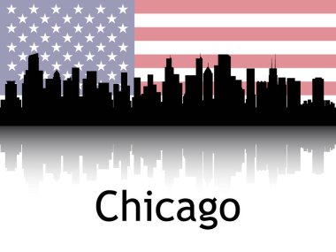 Şikago, Illinois 'in Ulusal Bayrağı Altında Siyah Siluet Panorama Yansıması