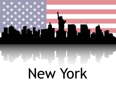 New York City, New York 'un Ulusal Bayrağı Altında Siyah Siluet Panorama Yansıması