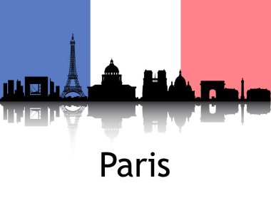Şehir Manzarasının Siyah Silueti Paris, Fransa Ulusal Bayrağı Arkaplanlı Panorama Yansıması