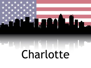 Siyah Siluet Şehir Manzarası Panorama Yansıması Charlotte Ulusal Bayrağı, Kuzey Carolina