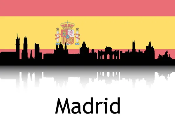 Black Silhouette Cityscape Panorama Reflection Background National Flag Madrid Spain — Stock Vector