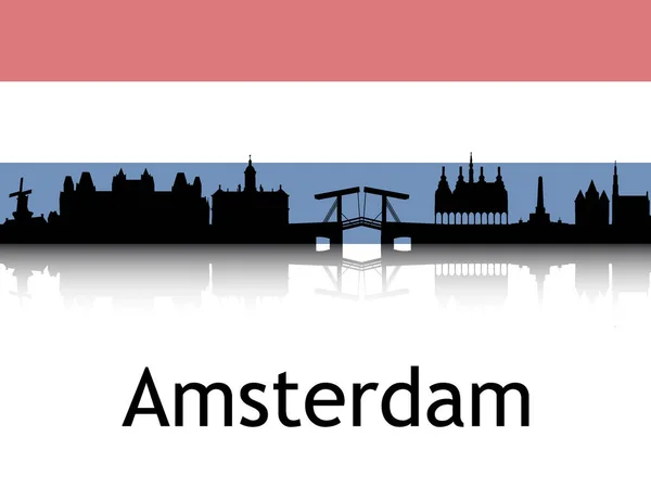 Black Silhouette Cityscape Panorama Reflection Background National Flag Amsterdam Netherlands — Stock Vector