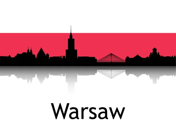 Varşova Nın Ulusal Bayrağı Polonya Nın Siyah Silueti Panorama Yansıması — Stok Vektör