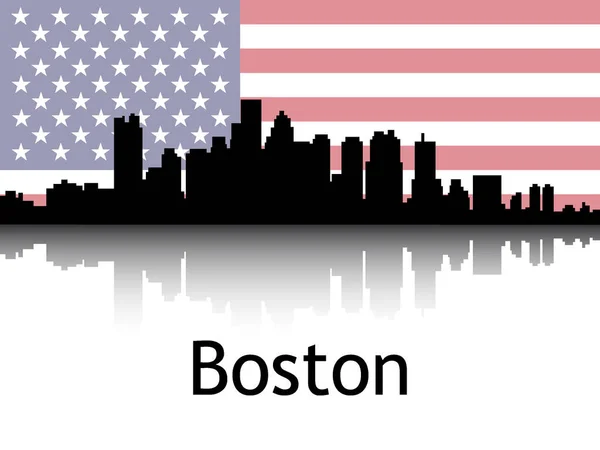 Silhouette Noire Panorama Urbain Reflet Avec Fond Drapeau National Boston — Image vectorielle