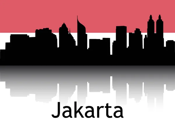 Black Silhouette Cityscape Panorama Reflection Background National Flag Jakarta Indonesia — Stock Vector