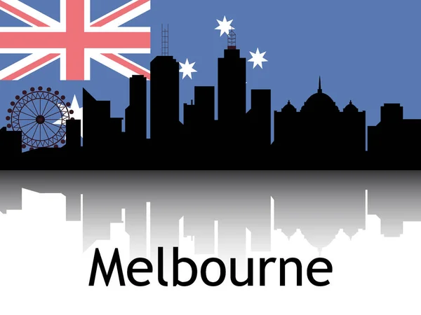 背景を持つ都市景観パノラマの反射の黒シルエットメルボルンの国旗 オーストラリア — ストックベクタ