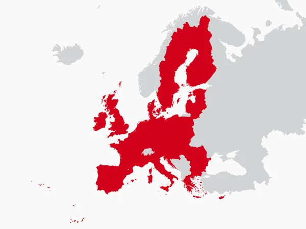 国境のないヨーロッパ連合の平らな赤い政治地図とグレーのヨーロッパ大陸内 — ストックベクタ