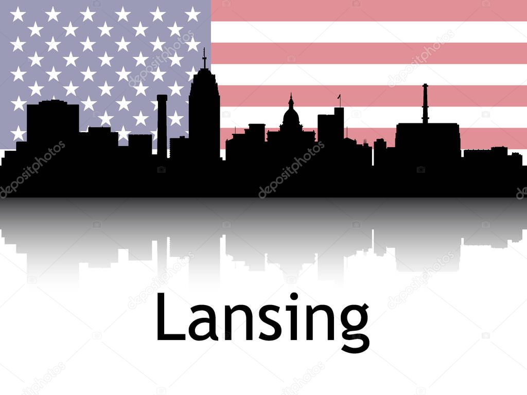 Black Silhouette of Cityscape Panorama Reflection With Background National Flag of Lansing, Michigan