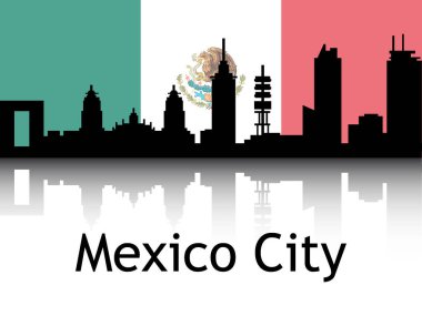 Şehrin Siyah Silueti Panorama Yansıması Mexico City 'nin Ulusal Bayrağı