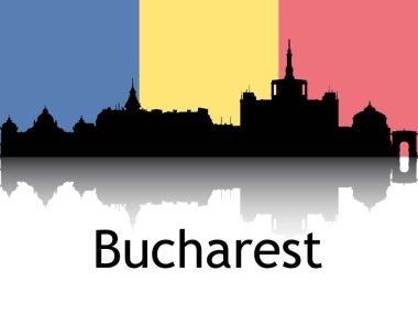 Romanya 'nın Bükreş kentinin Ulusal Bayrağıyla Siyah Şehir Manzarası Yansıması