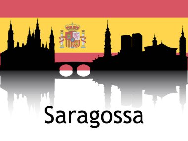 Saragossa, İspanya Ulusal Bayrağı Altında Siyah Siluet Panorama Yansıması