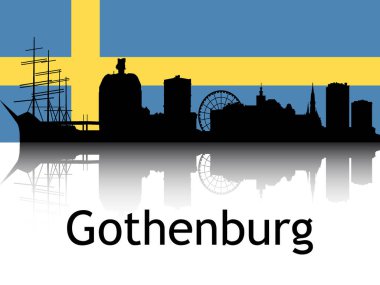 Göteborg, İsveç Ulusal Bayrağı Altında Siyah Siluet Panorama Yansıması