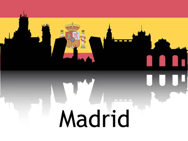 西班牙马德里具有背景国旗的城市景观全景反思的黑色轮廓 — 图库矢量图片