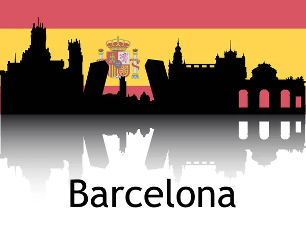 西班牙巴塞罗那具有背景国旗的城市景观全景反思的黑色轮廓 — 图库矢量图片