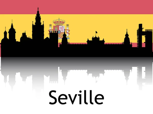 西班牙塞维利亚国旗背景下城市景观全景反思的黑色轮廓 — 图库矢量图片