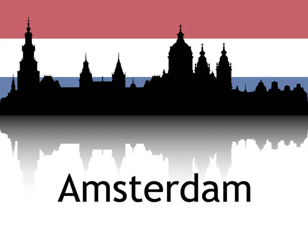 荷兰阿姆斯特丹背景国旗下城市景观全景反思的黑色轮廓 — 图库矢量图片