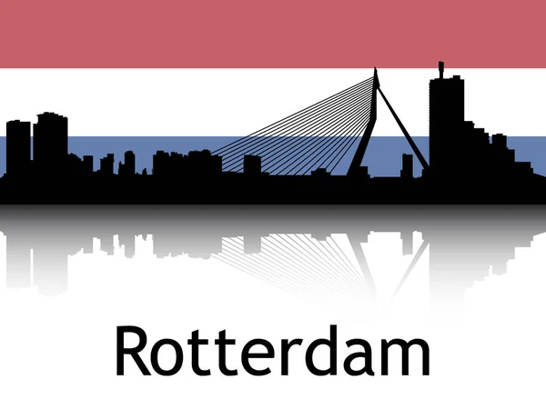 背景と都市景観のパノラマの反射の黒シルエットオランダ ロッテルダムの国旗 — ストックベクタ
