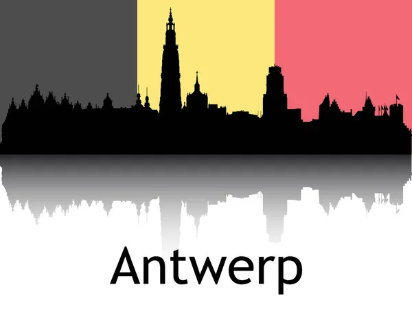 Siluet Hitam Pemantulan Panorama Cityscape Dengan Bendera Nasional Antwerpen Latar - Stok Vektor