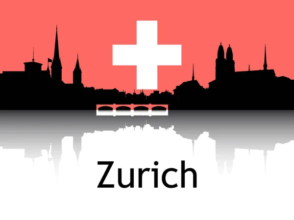 Silhueta Negra Reflexão Panorama Cityscape Com Bandeira Nacional Fundo Zurique —  Vetores de Stock