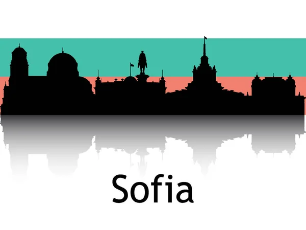 Black Silhouette Cityscape Panorama Reflection Background National Flag Sofia Bulgaria — стоковый вектор