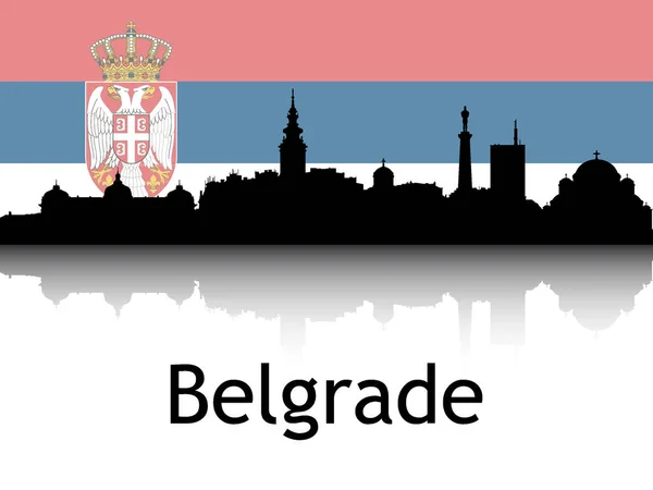 Black Silhouette Cityscape Panorama Reflection Background Nationale Vlag Van Belgrado — Stockvector