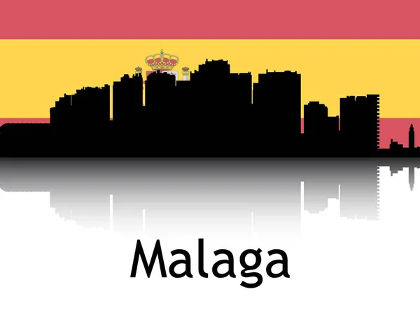 Black Silhouette Cityscape Panorama Reflection Background National Flag Malaga Spain — Stock Vector