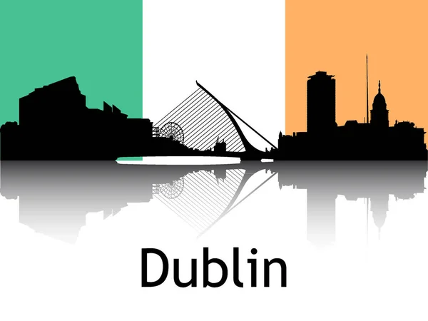 Şehir Manzarası 'nın Siyah Silueti Dublin, İrlanda Ulusal Bayrağı Arkaplanda Yansıması