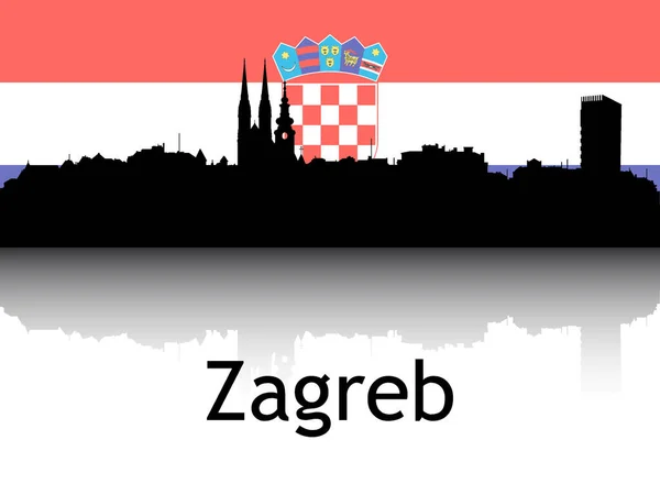 クロアチア ザグレブの国旗を背景にした都市景観パノラマ反射の黒いシルエット — ストックベクタ