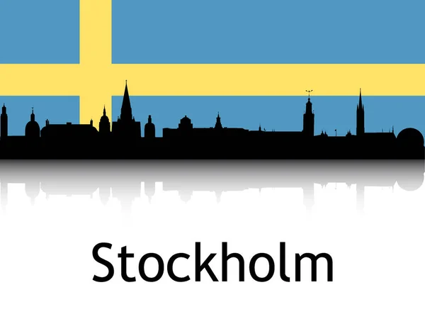 Svart Siluett Cityscape Panorama Reflection Med Bakgrund Nationell Flagga Stockholm — Stock vektor