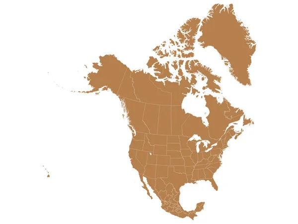 北アメリカ アメリカ カナダ メキシコ のブラウンマップ国内および連邦国家の国境を持つ白の背景 — ストックベクタ