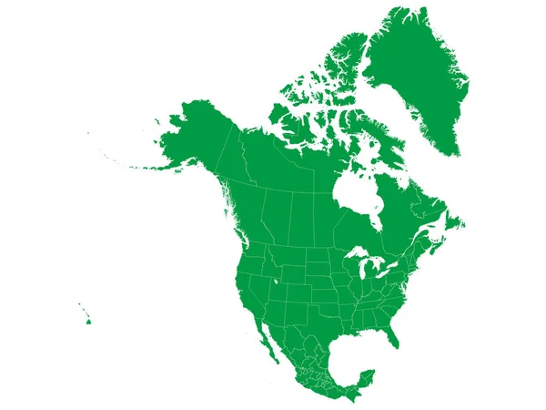 Mappa Verde Del Nord America Usa Canada Messico Sfondo Bianco — Vettoriale Stock