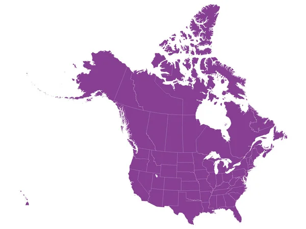 Carte Pourpre Amérique Nord États Unis Canada Sur Fond Blanc — Image vectorielle