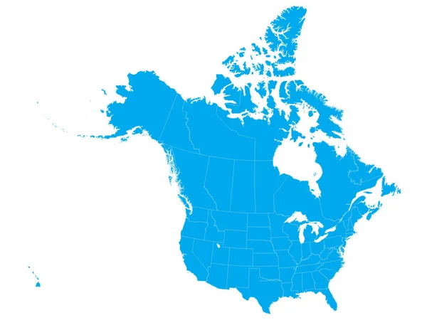 Niebieska Mapa Ameryki Północnej Usa Kanada Białym Tle Krajowymi Federalnymi — Wektor stockowy