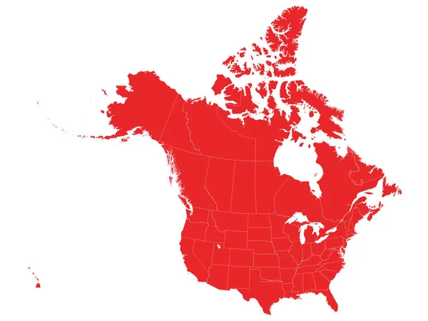 Röd Karta Över Nordamerika Usa Och Kanada Vit Bakgrund Med — Stock vektor
