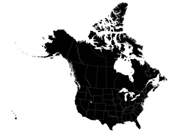 北アメリカ アメリカとカナダ の黒地図国と連邦国家の国境と白の背景 — ストックベクタ