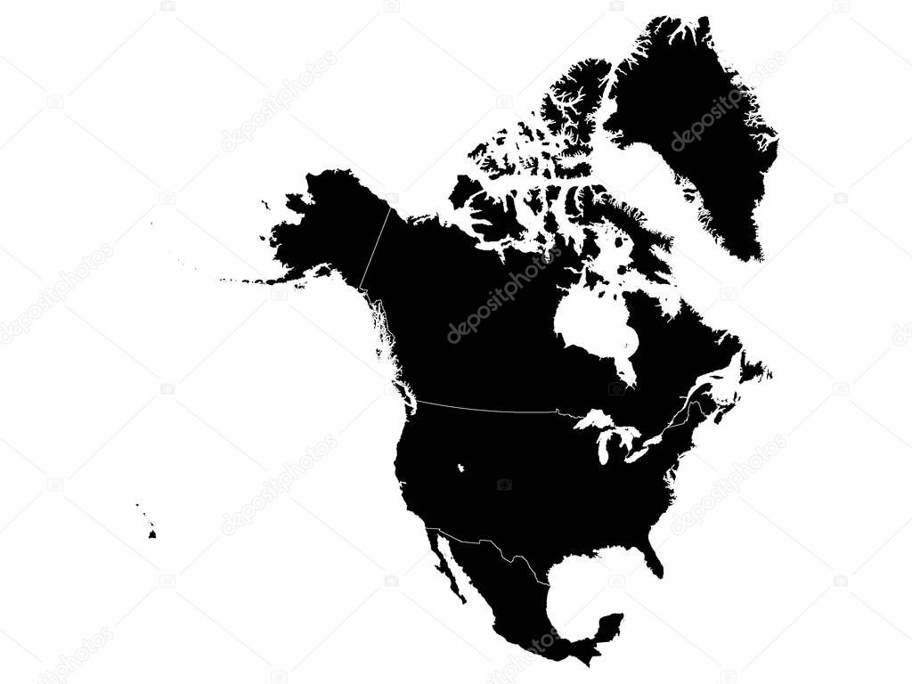 Black Map of North America (USA, Canada and Mexico) on White Background With National Country Borders