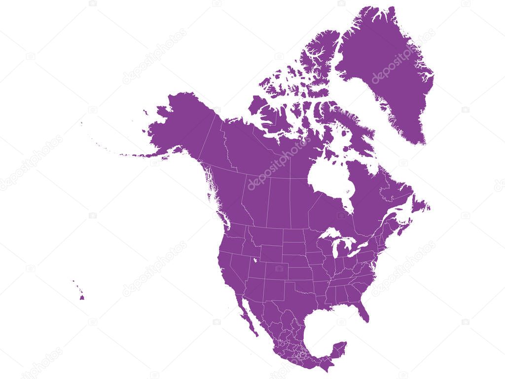 Purple Map of North America (USA, Canada and Mexico) on White Background With National and Federal State Borders