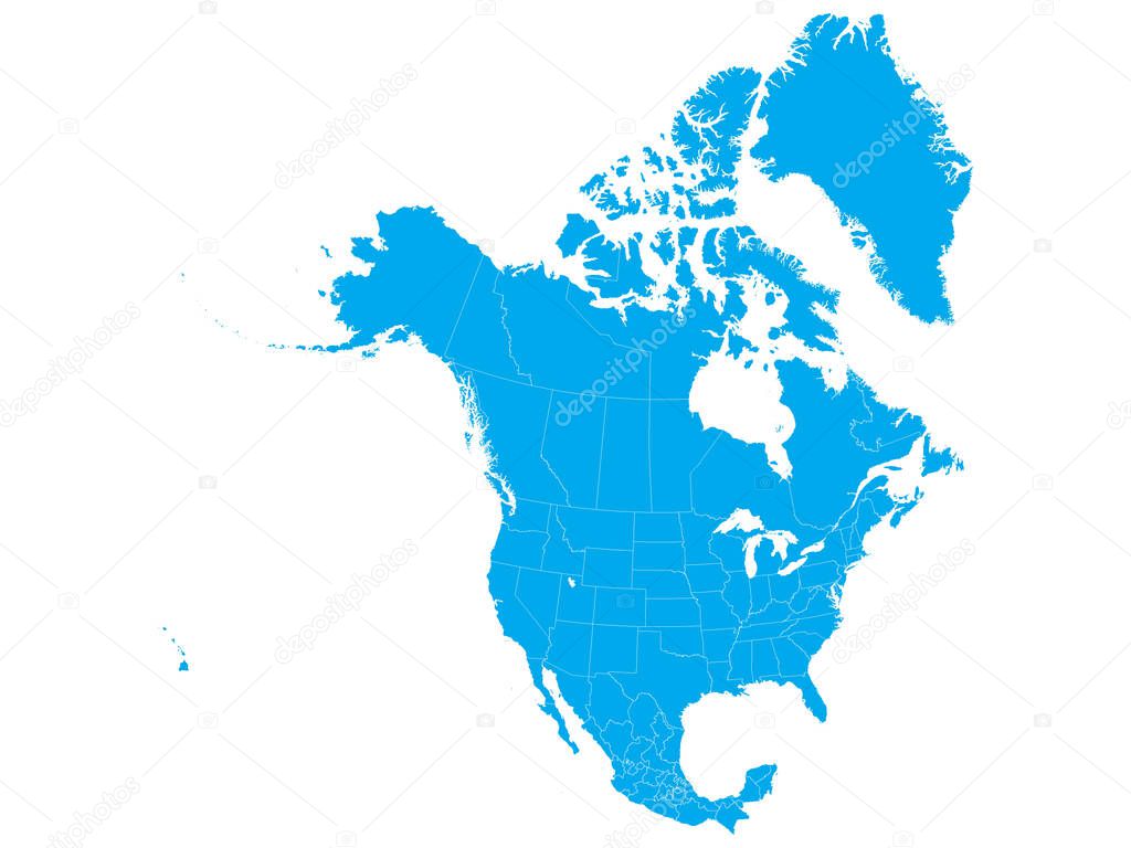 Blue Map of North America (USA, Canada and Mexico) on White Background With National and Federal State Borders