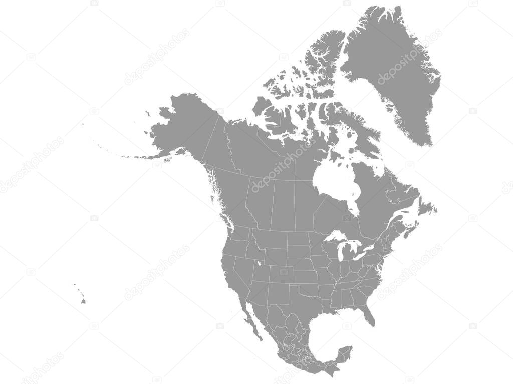 Grey Map of North America (USA, Canada and Mexico) on White Background With National and Federal State Borders