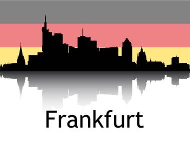 Frankfurt am Main, Almanya 'nın Arkaplan Ulusal Bayrağıyla Şehir Manzarasının Siyah Silüeti