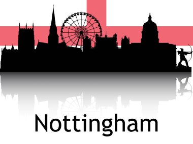 Siyah Siluet Şehir Manzarası Panorama Yansıması Arkaplan Ulusal Nottingham Bayrağı, İngiltere
