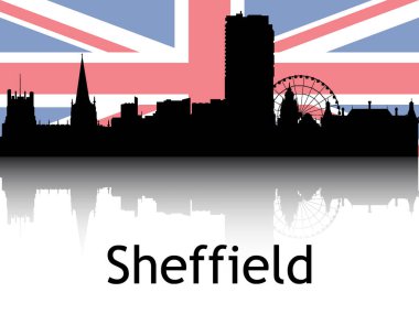 Sheffield, Birleşik Krallık 'ın Ulusal Bayrağı Arkaplan Arkaplanlı Siyah Siluet Panorama Yansıması