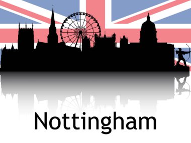 Siyah Siluet Şehir Manzarası Panorama Yansıması Arkaplan Ulusal Nottingham Bayrağı, İngiltere