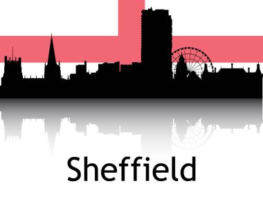 Sheffield, İngiltere 'nin Ulusal Bayrağı Arkaplanda Siyah Siluet Panorama Yansıması