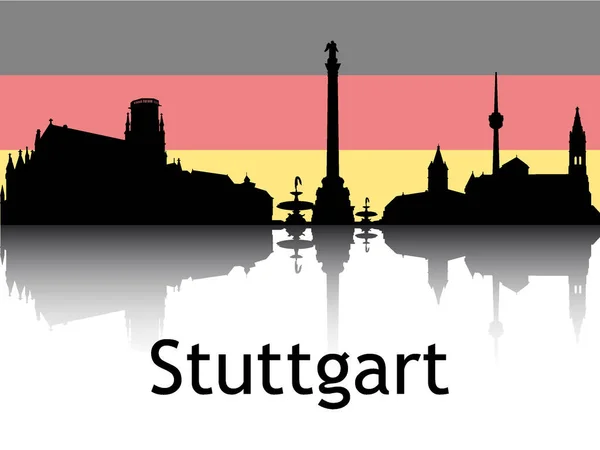 背景と都市景観パノラマの反射の黒シルエットドイツ シュトゥットガルトの国旗 — ストックベクタ