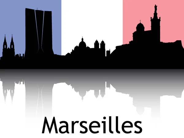 法国马赛国旗背景下城市景观全景反思的黑色轮廓 — 图库矢量图片