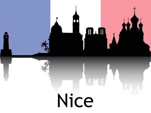 背景を持つ都市景観パノラマの反射の黒シルエットニースの国旗 フランス — ストックベクタ
