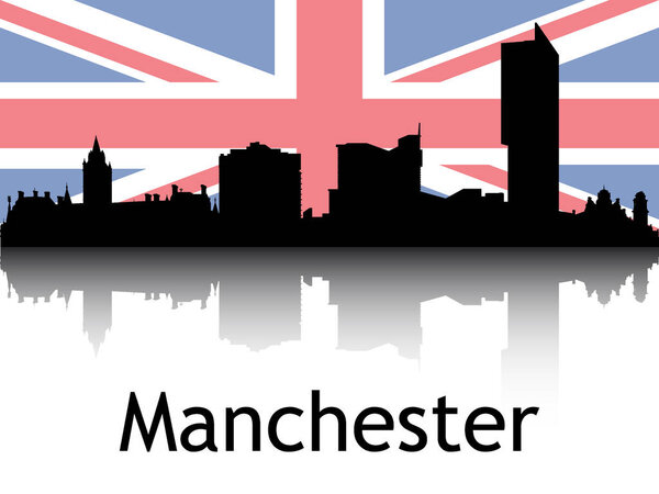 Черный силуэт Феллайни на фоне национального флага Манчестера, Великобритания